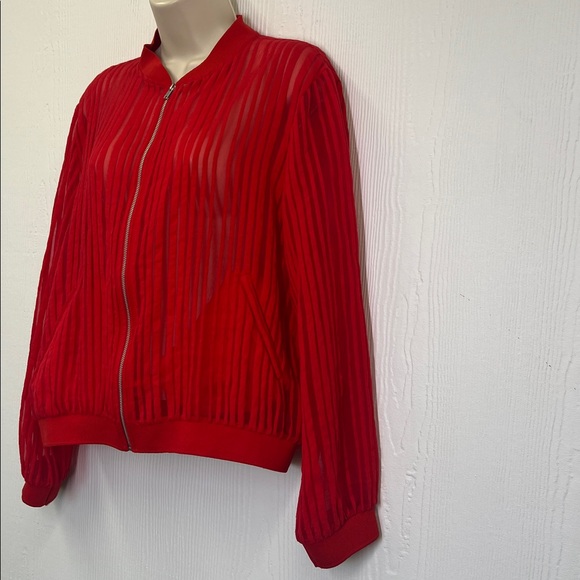 Zara - Red Striped Organza Long Sleeve  Lightweight Zipper Closure Jacket SZ XL - Picture 5 of 9